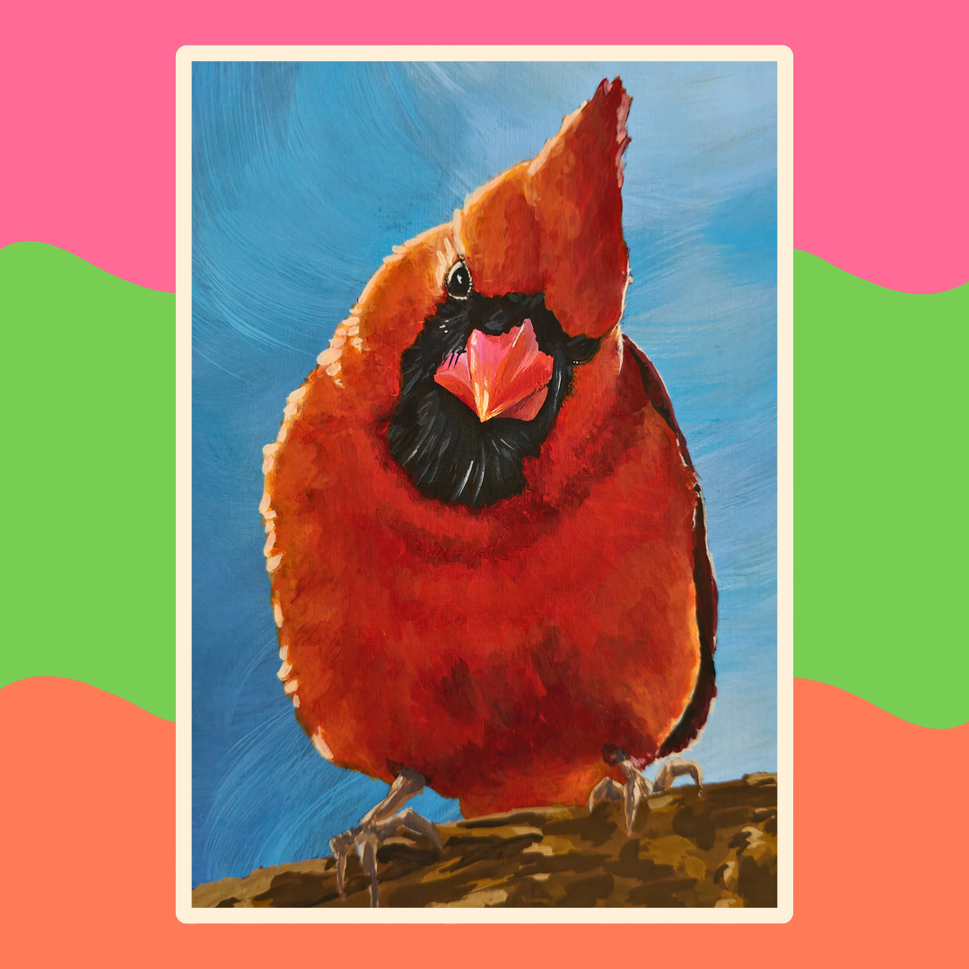 Cardinal Bird - Framed Original Gouache Painting