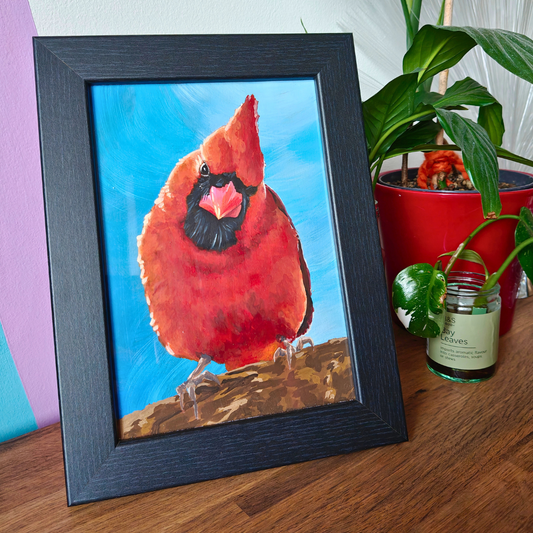 Cardinal Bird - Framed Original Gouache Painting